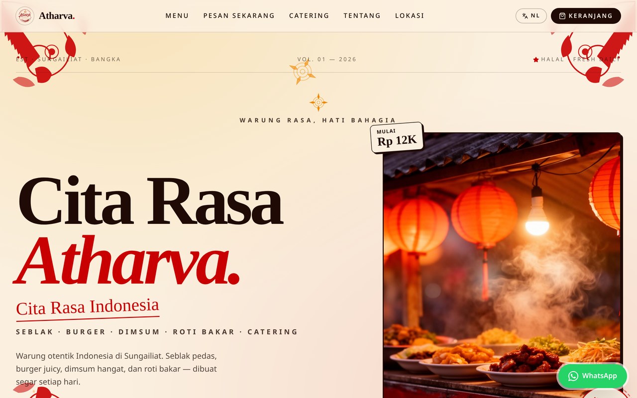 Startpagina van Warung Atharva in een browservenster