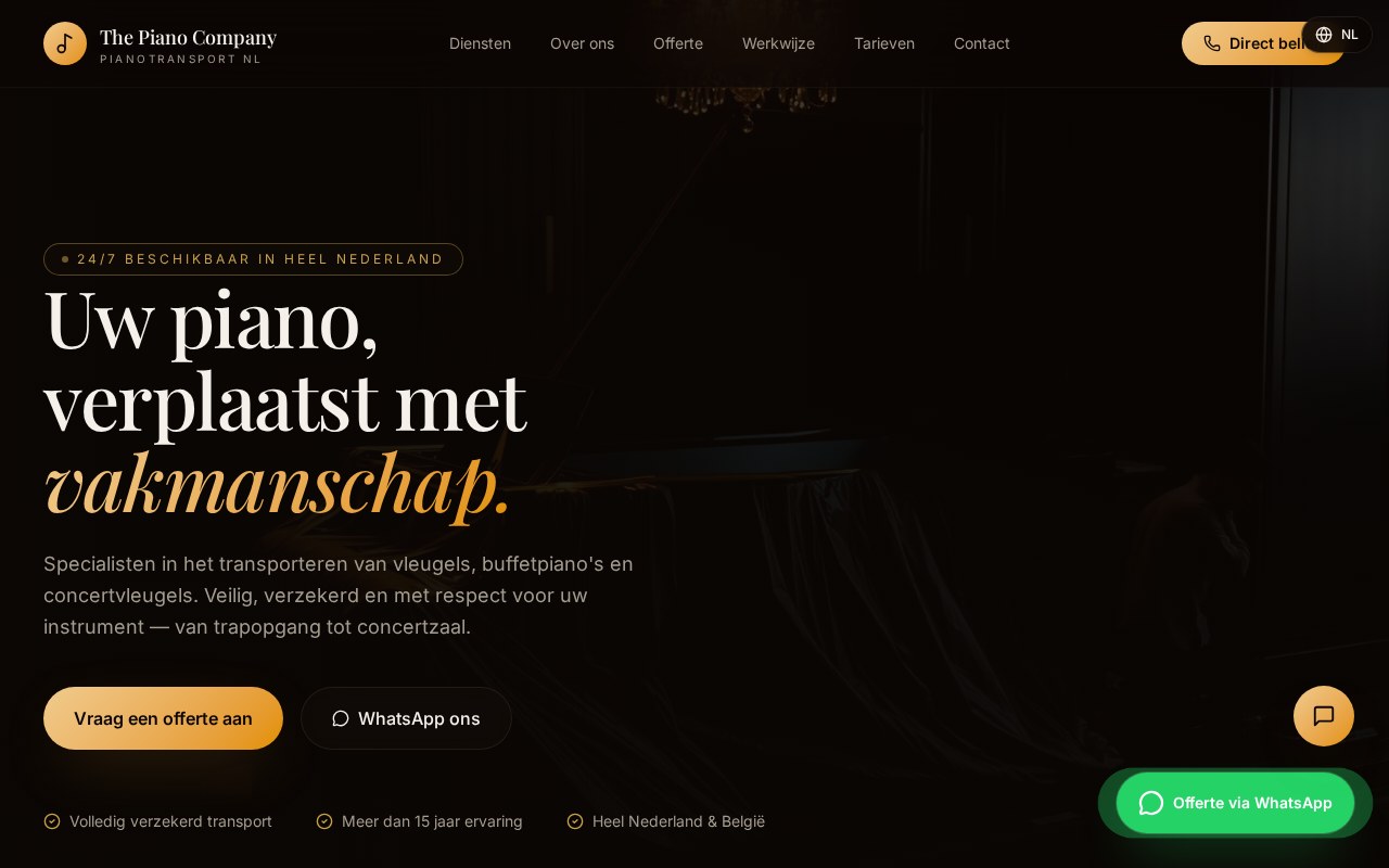 Startpagina van The Piano Company in een browservenster