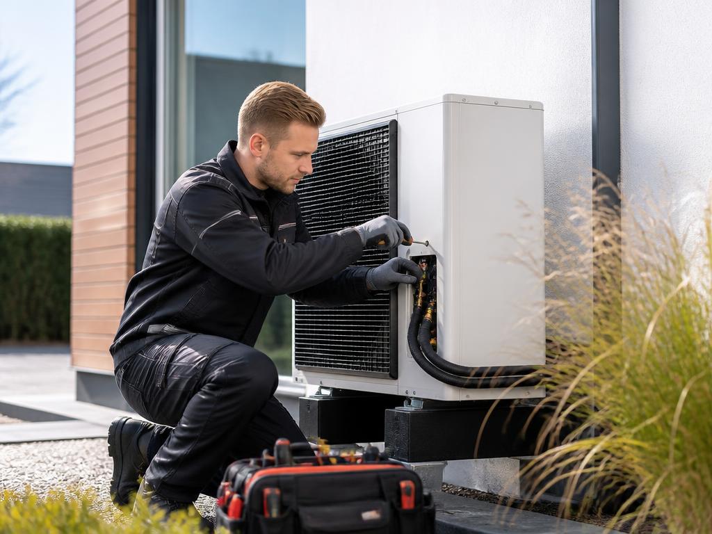 Monteur van Van der Veen Installatietechniek plaatst een warmtepomp bij een woning