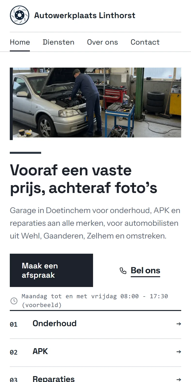 Autowerkplaats Linthorst: een voorbeeldsite op een telefoon