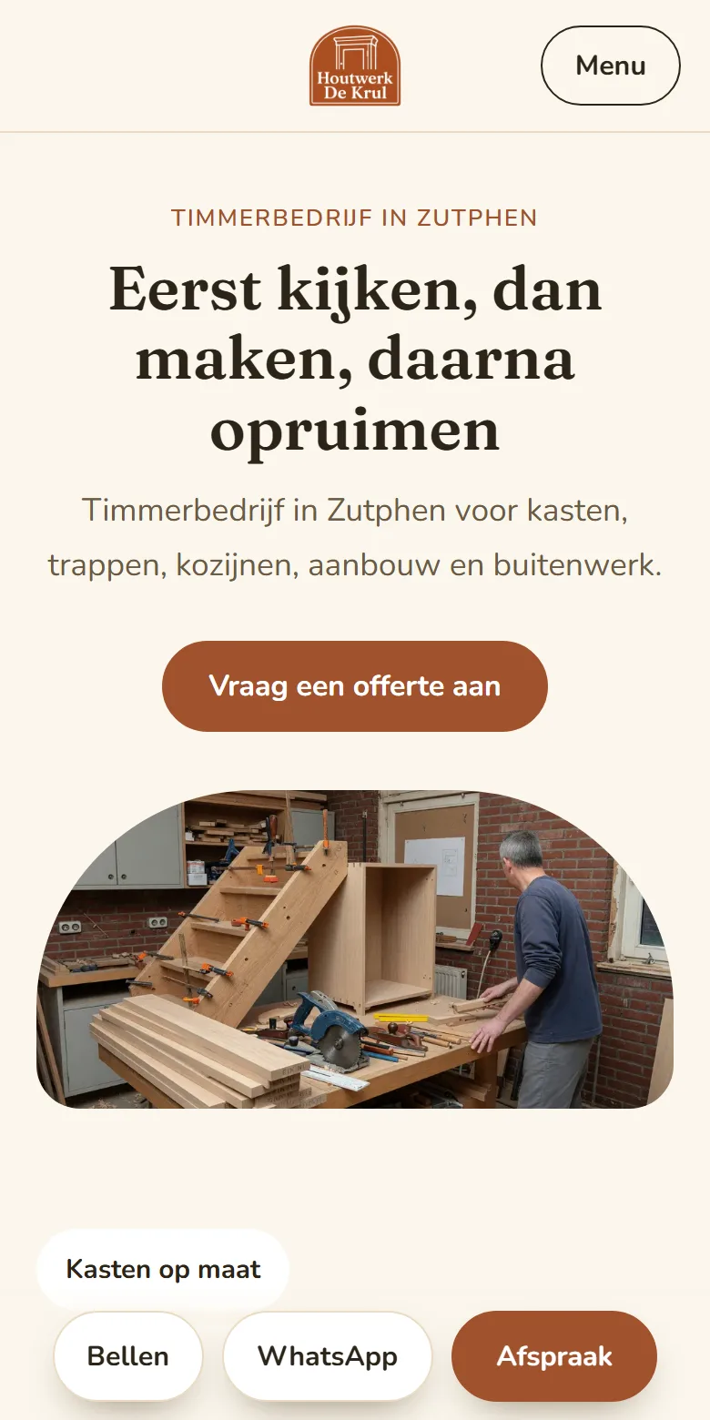 Houtwerk De Krul: een voorbeeldsite op een telefoon