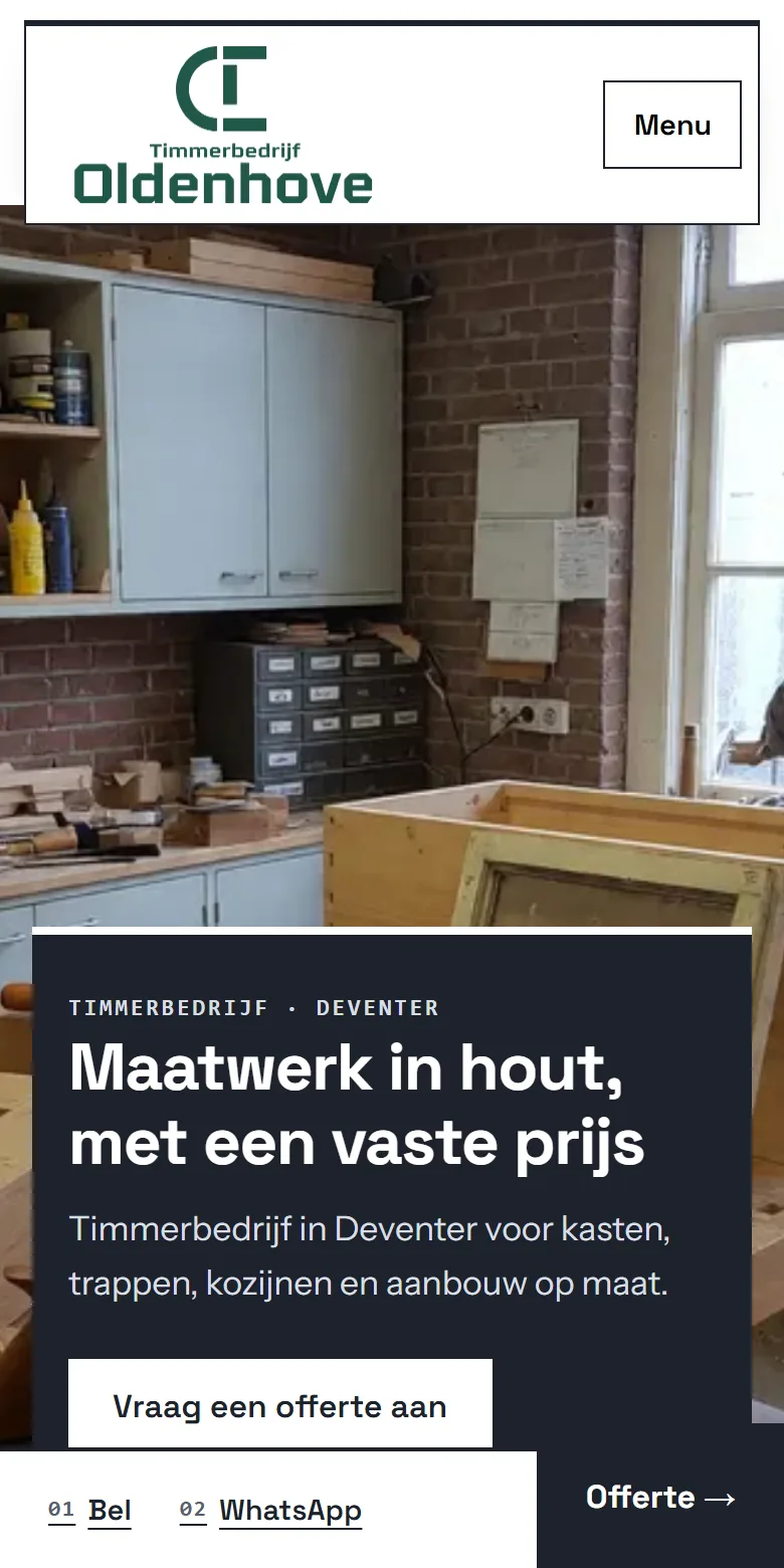 Timmerbedrijf Oldenhove: een voorbeeldsite op een telefoon